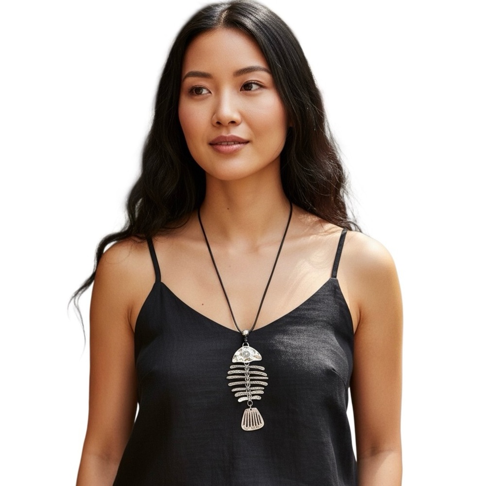 Fishbone Charm Necklace Silver Finish Black Faux Leather Strand NEW in Package